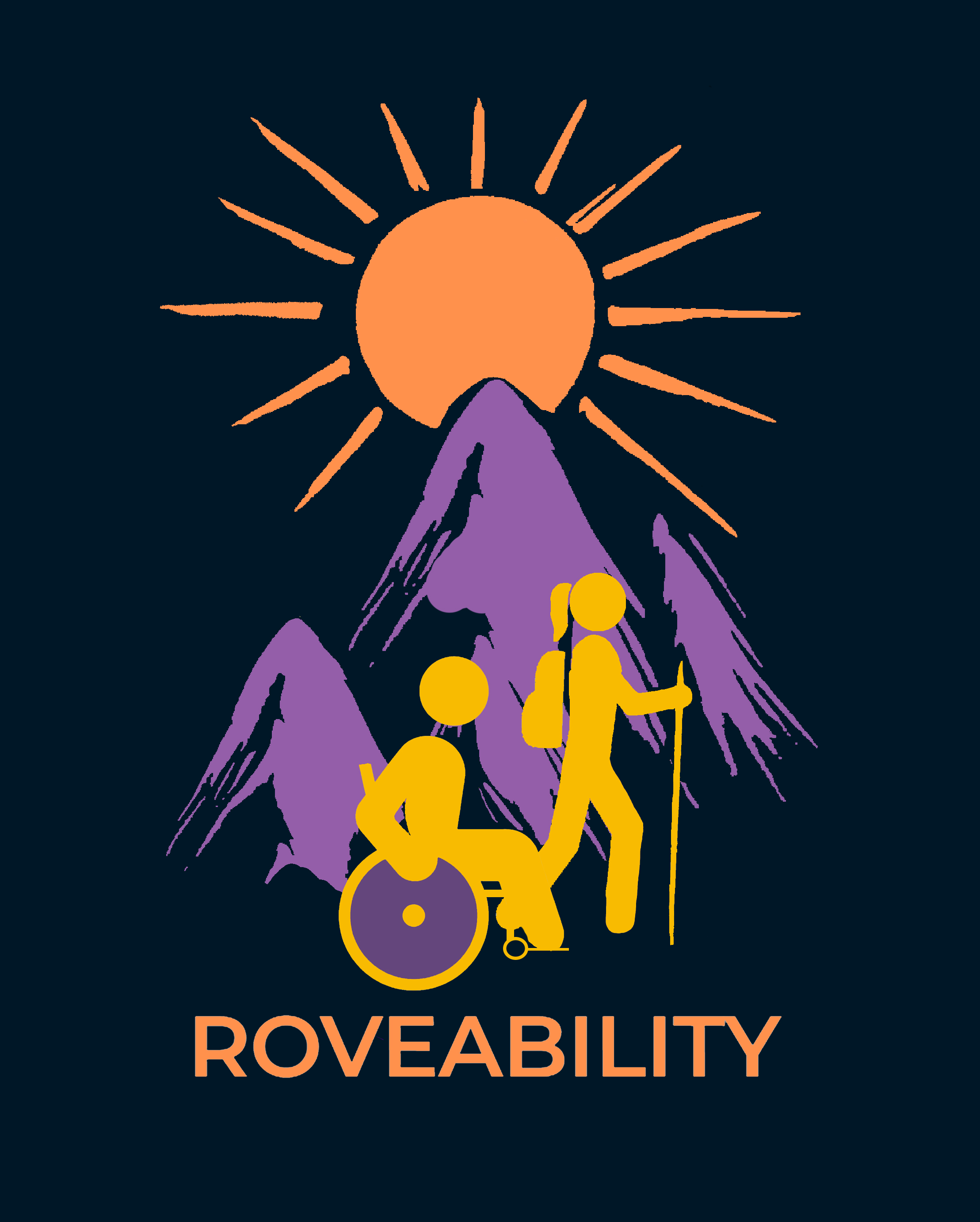 RoveAbility Logo - Accessible outdoor exploration with sun, mountains, wheelchair user and hiker